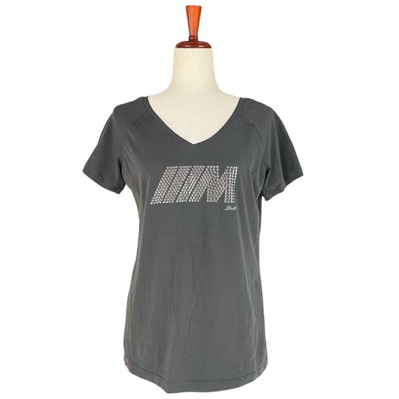 BMW Silver-Studded M Logo Women's Dark Gray V-Neck Tee Size L - Picture 1 of 7